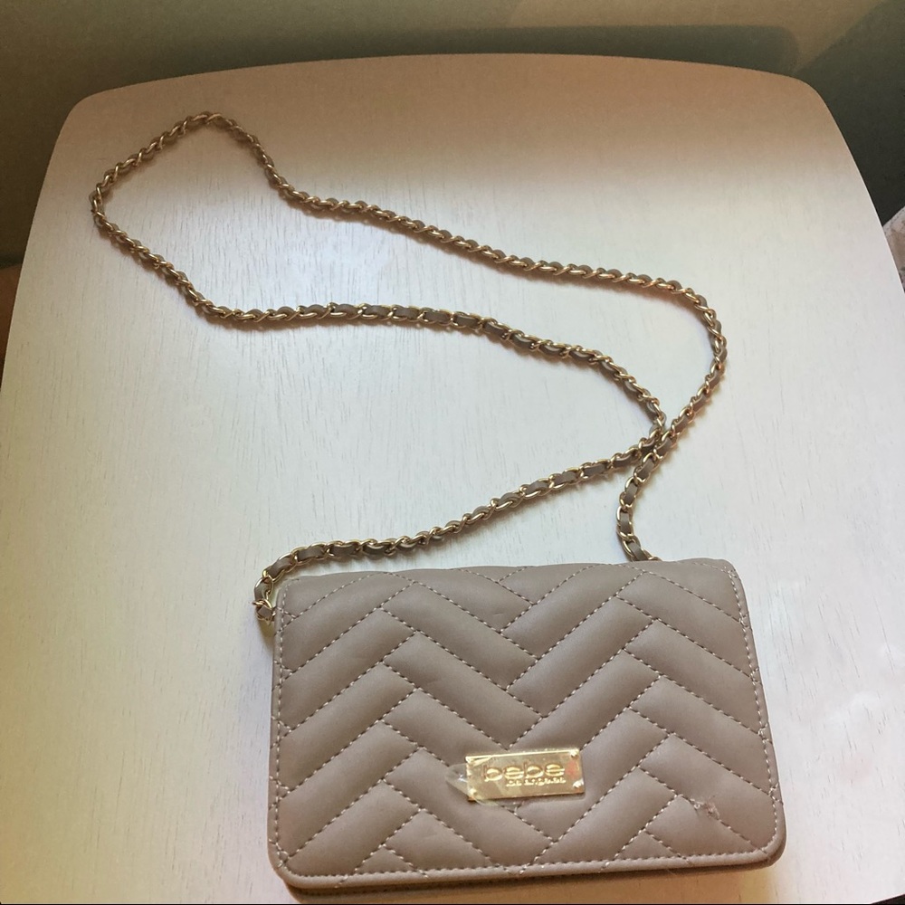 Tan crossbody flap purse with optional strap by Bebe Los Angeles (never used!)